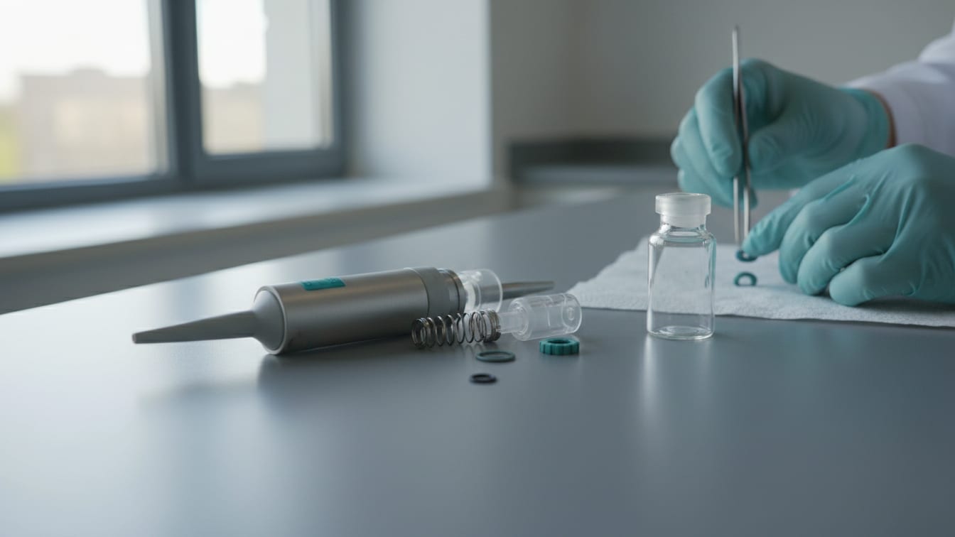 Illustration: A partially disassembled laboratory pipette and an empty clear glass vial on a cool grey lab bench.