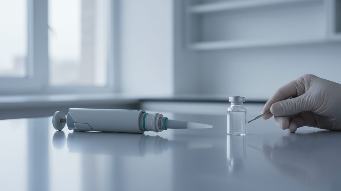 Illustration: A partially disassembled pipette and an empty glass vial on a cool grey lab bench.