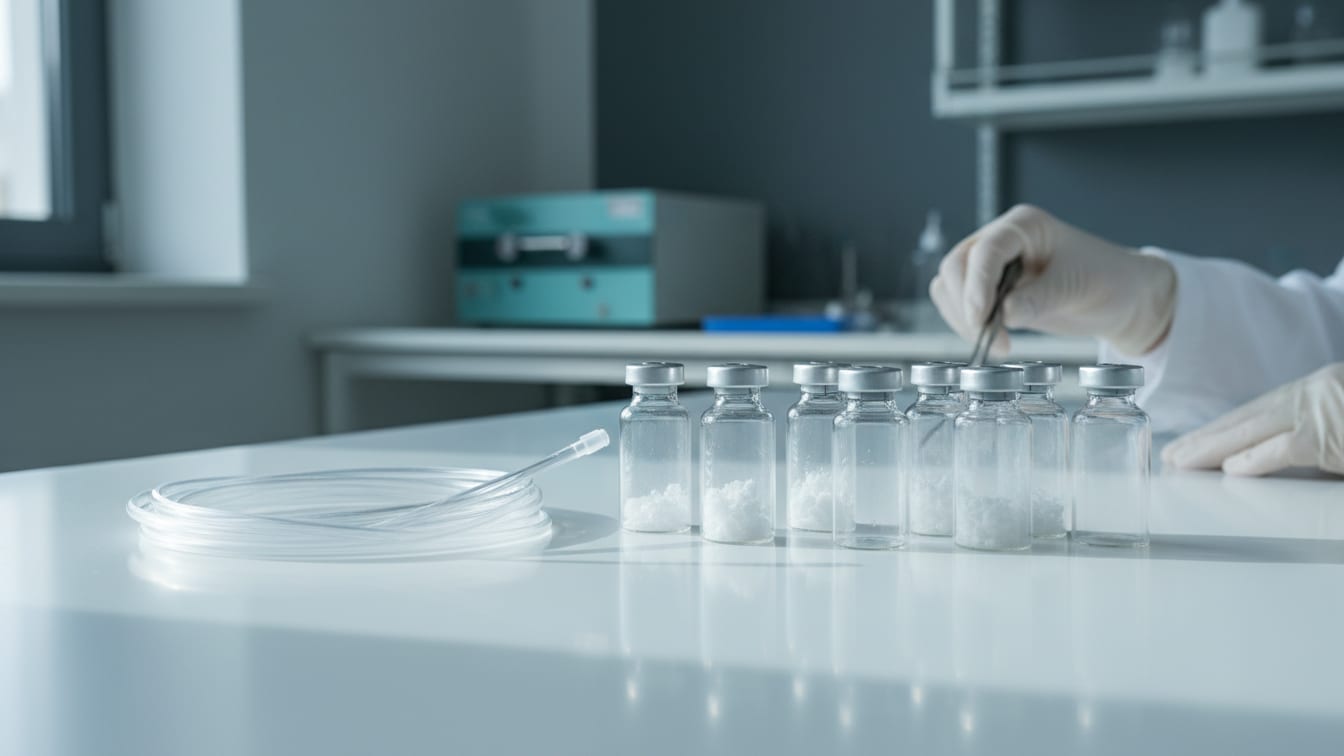 Illustration: Clear glass vials with white powder and plastic tubing on a laboratory bench under soft daylight.