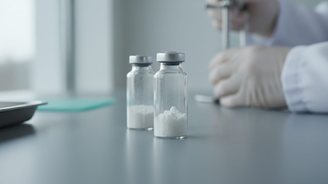 Illustration: Two clear glass vials, one in soft focus, on a cool grey surface in natural light.