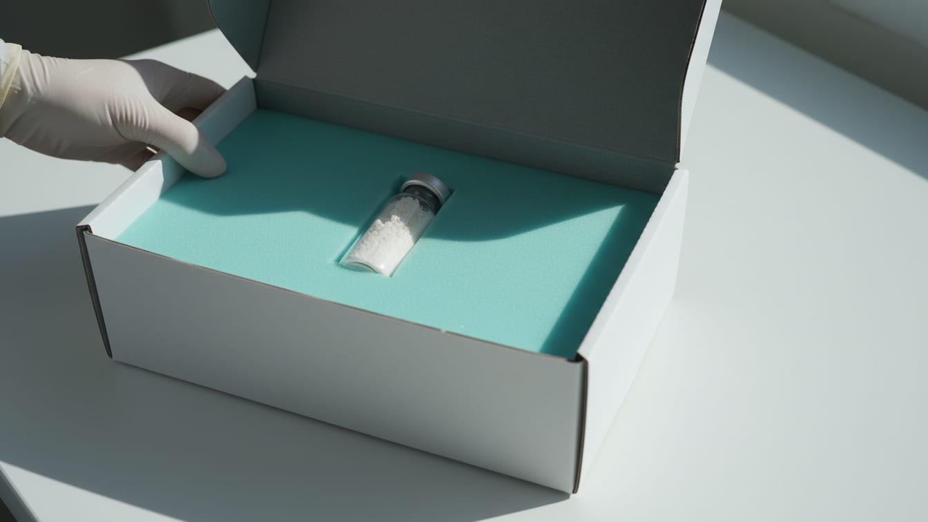 Illustration: An open insulated shipping box with teal foam and a single glass vial with white powder.