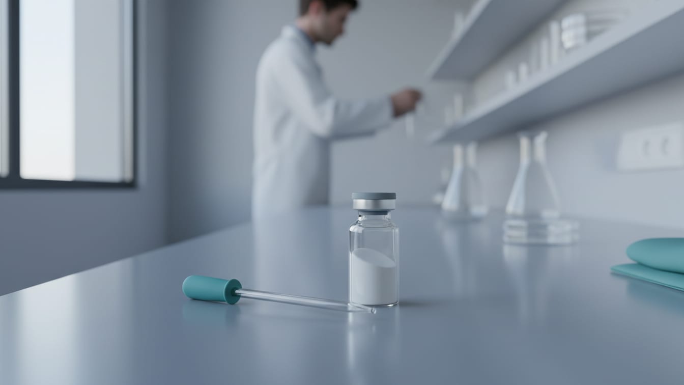 Illustration: A partially-filled clear glass vial of white lyophilized powder and a small pipette on a cool grey lab.