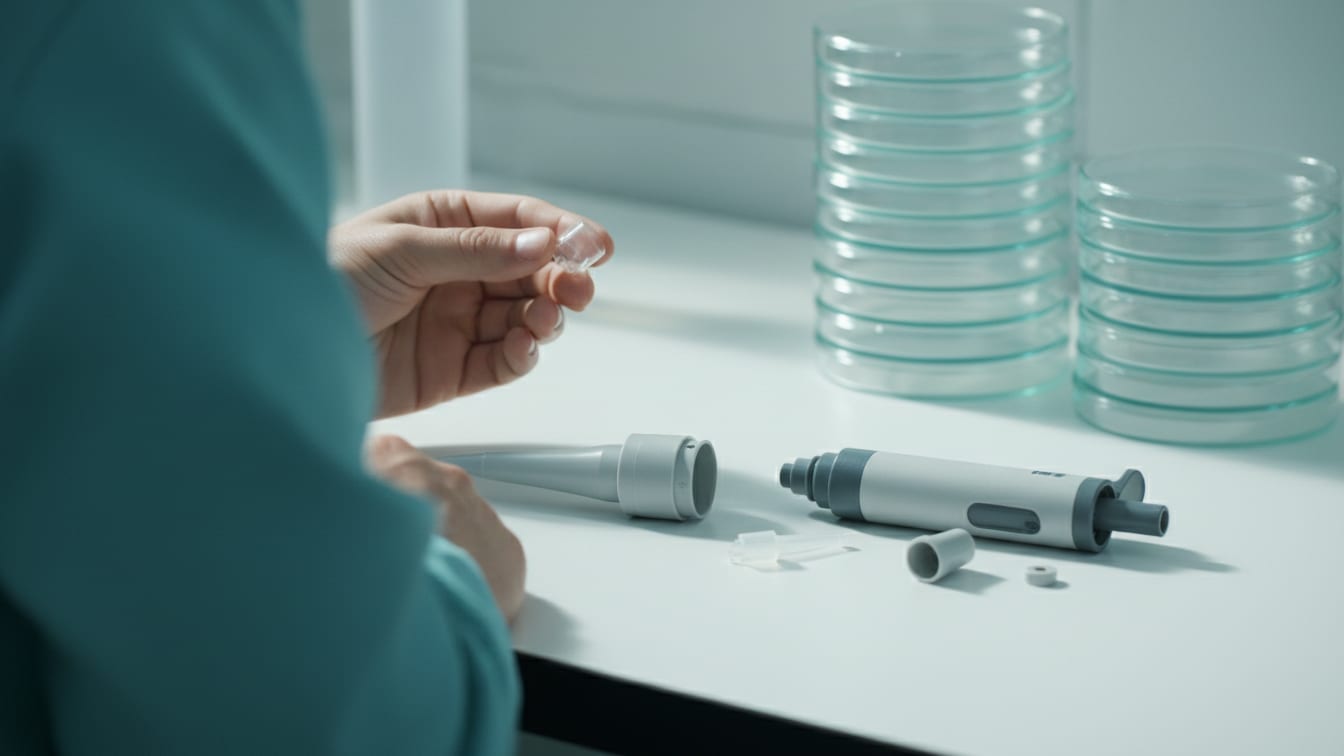 Illustration: A partially disassembled pipette and petri dishes on a white lab bench.