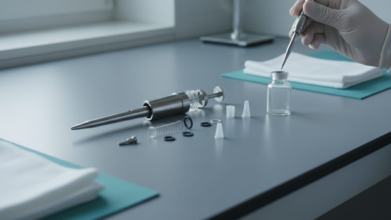 Illustration: A partially disassembled laboratory pipette and an empty glass vial on a cool grey lab bench.