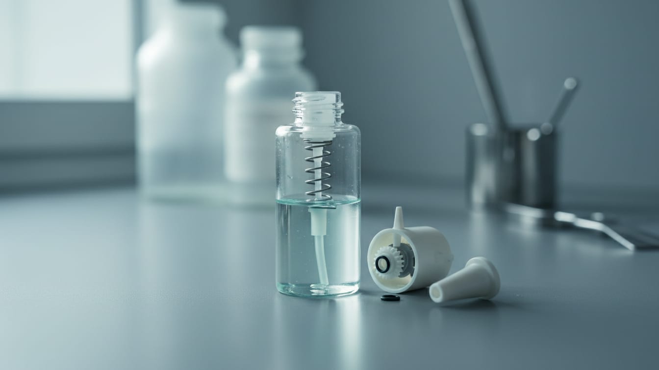 Illustration: A partially disassembled nasal spray pump component on a cool grey lab surface in soft daylight.