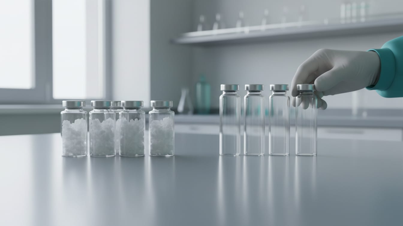 Illustration: Two types of clear glass vials, one with powder and one empty, on a cool grey lab bench.
