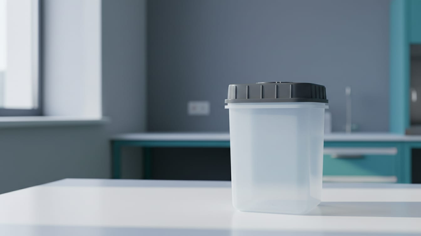 Illustration: An empty sharps disposal container on a white surface, with a cool grey background.