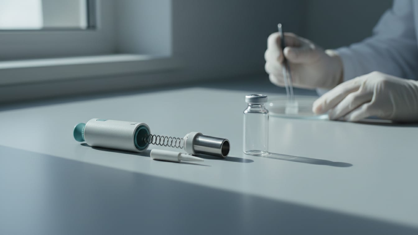 Illustration: A clean, partially disassembled laboratory pipette and an empty glass vial on a cool grey lab bench.
