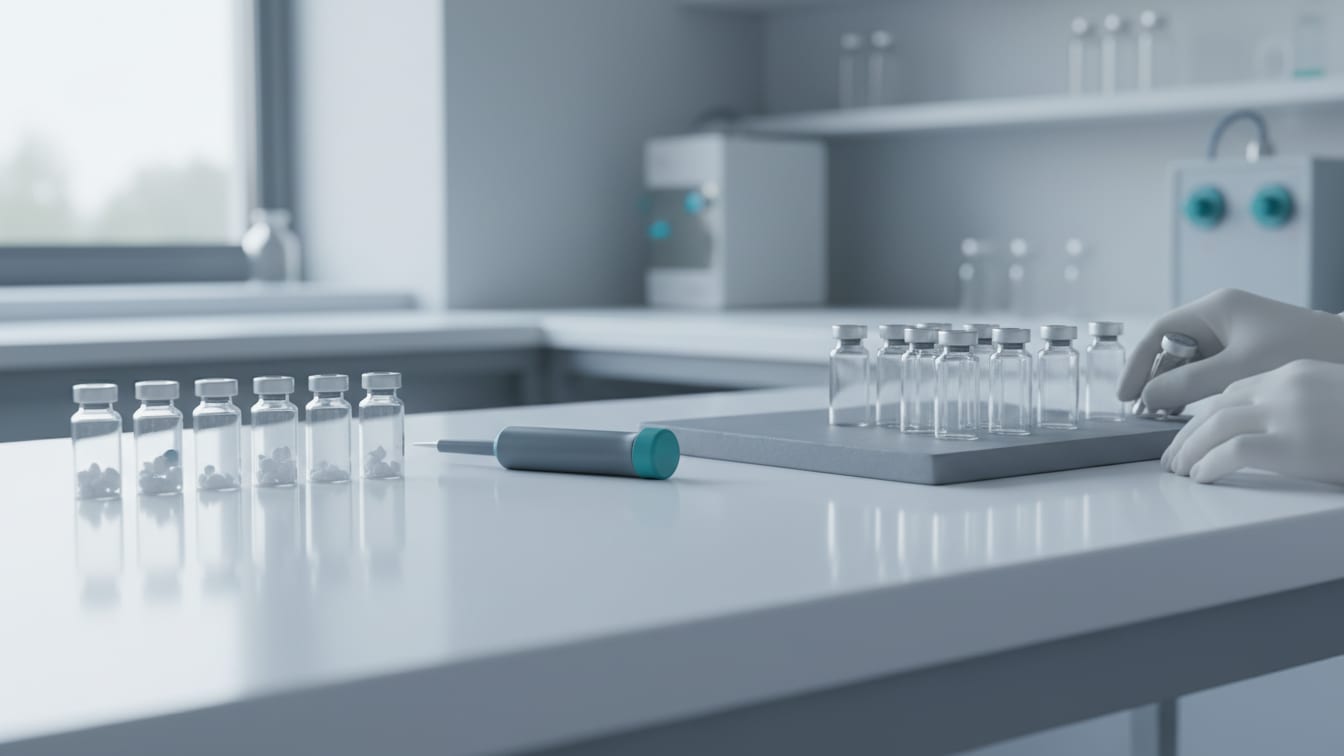 Illustration: Two distinct sets of clear glass vials, one with powder and one empty, on a pristine lab bench.
