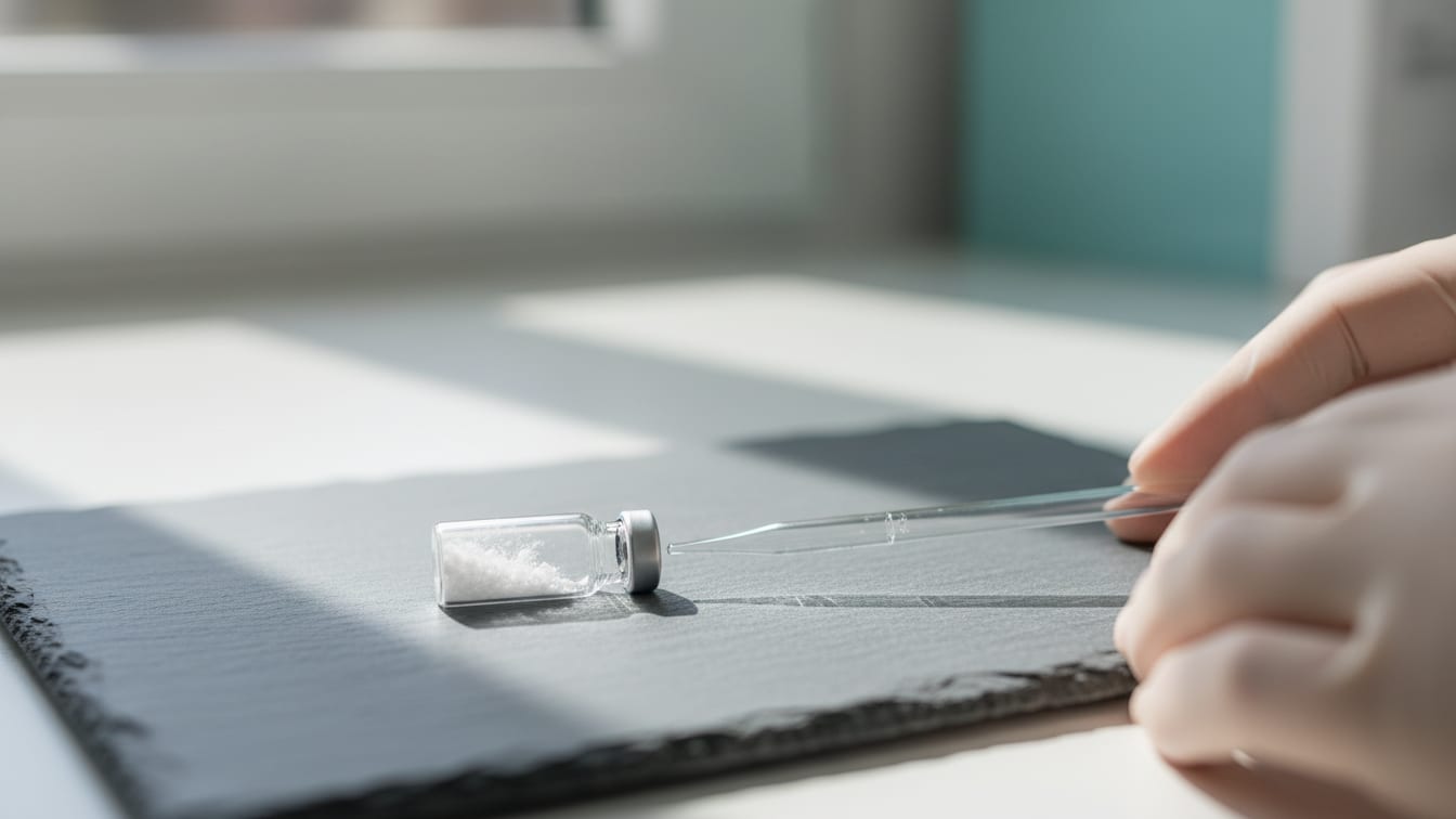 Illustration: A clear glass vial with lyophilized powder and an empty pipette on a grey slate surface.