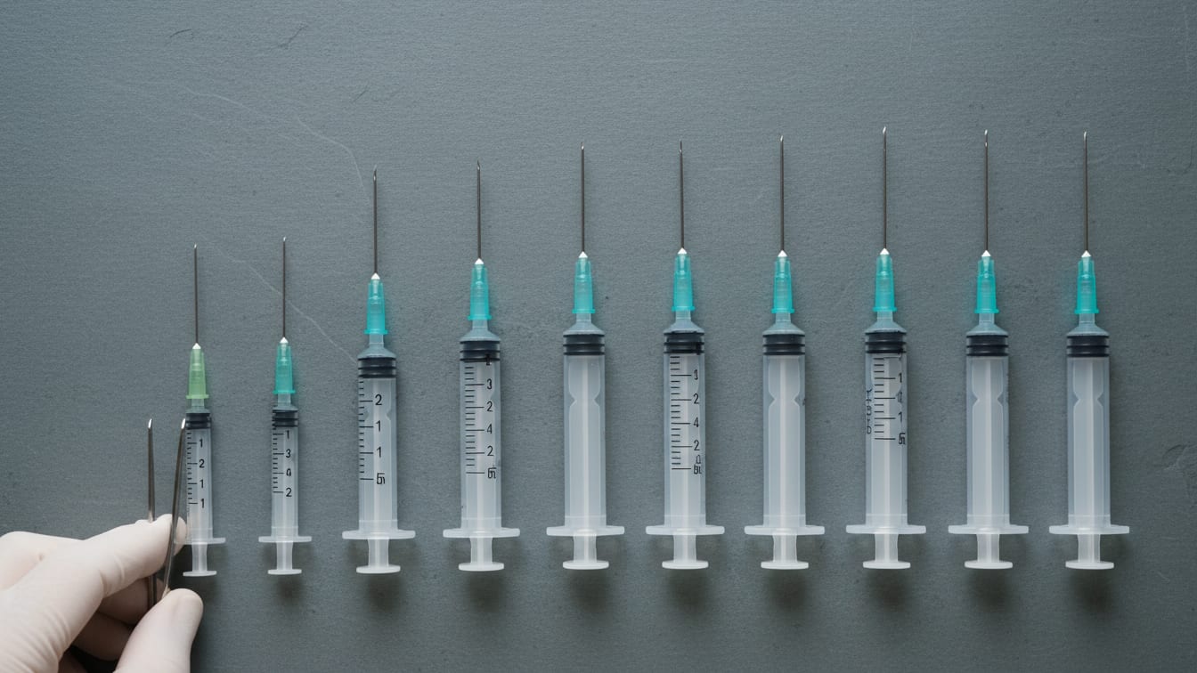 Illustration: A precise arrangement of sterile, unbranded insulin syringes on a cool grey surface.