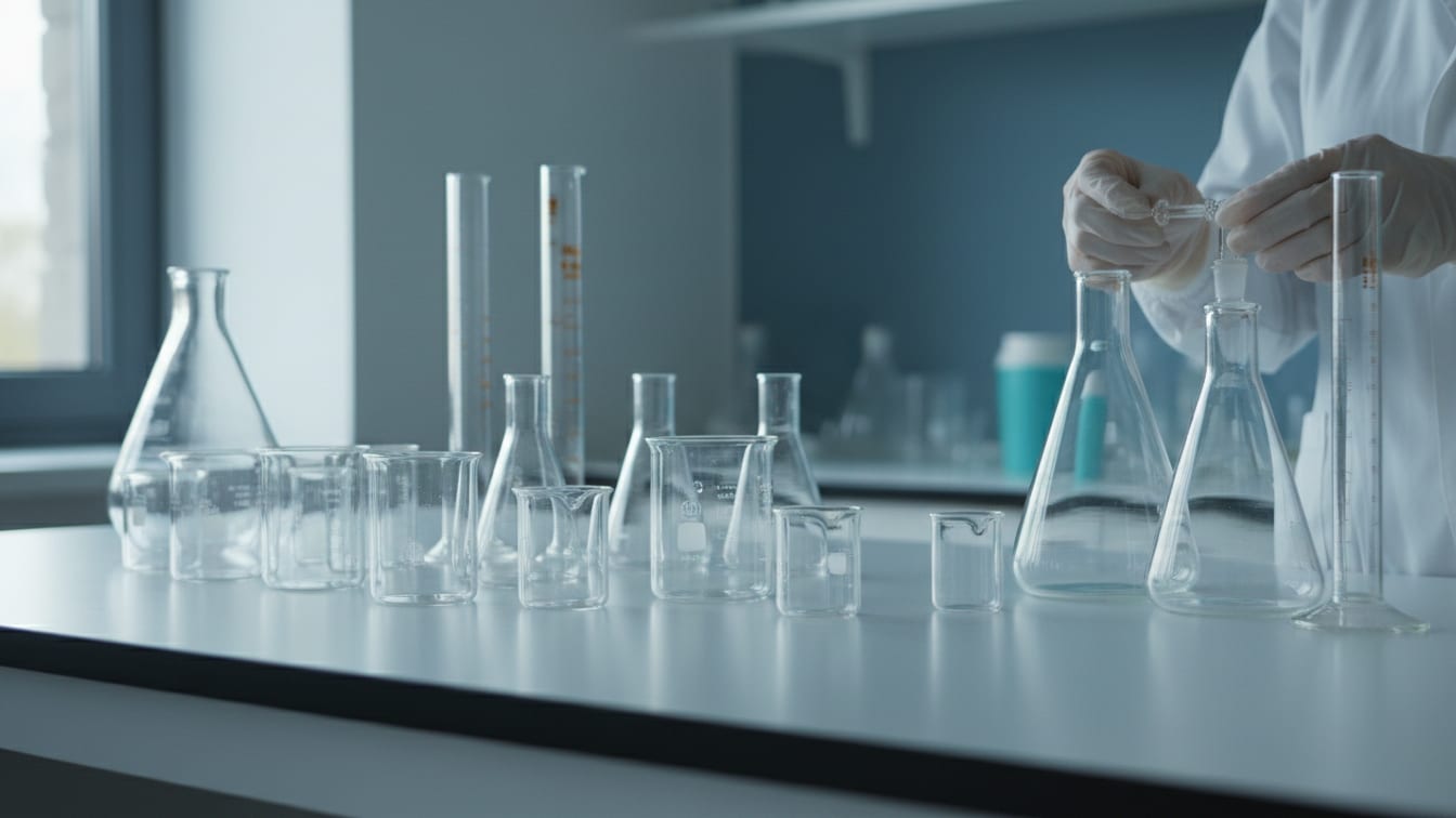 Illustration: Diverse laboratory glassware arranged on a pristine white lab bench, illuminated by soft, cool daylight.
