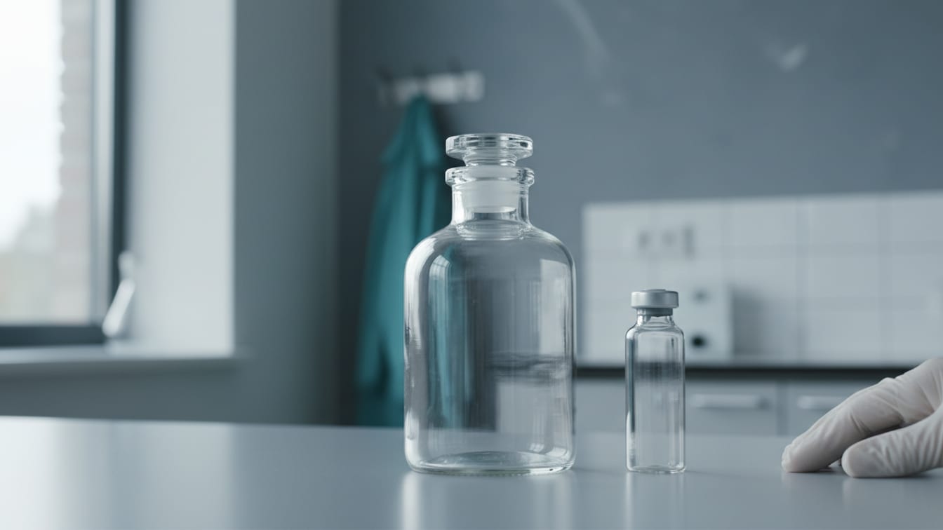Illustration: An empty reagent bottle and a clear glass vial on a cool grey lab bench in soft light.
