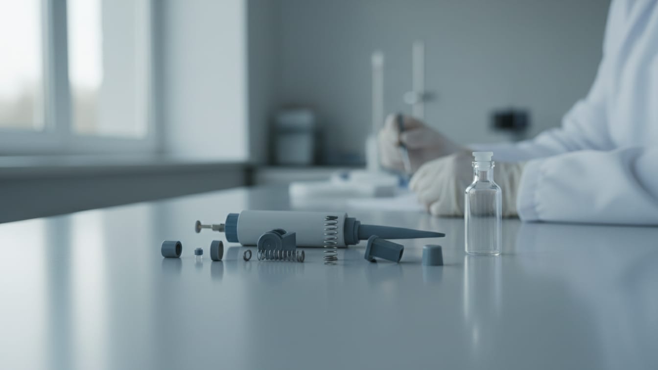 Illustration: A partially disassembled pipette and an empty glass vial on a cool grey lab bench.