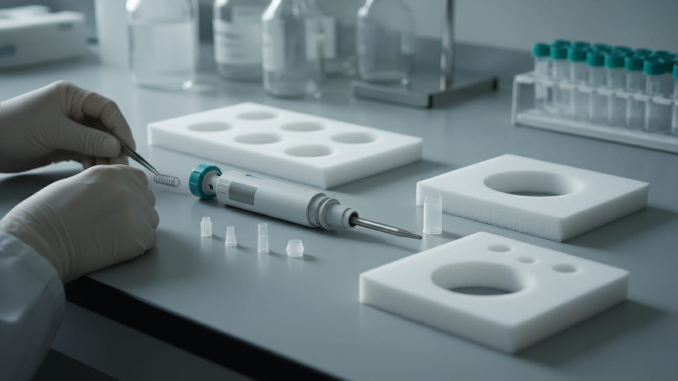 Illustration: A partially-disassembled pipette and foam inserts on a cool grey lab bench in soft daylight.
