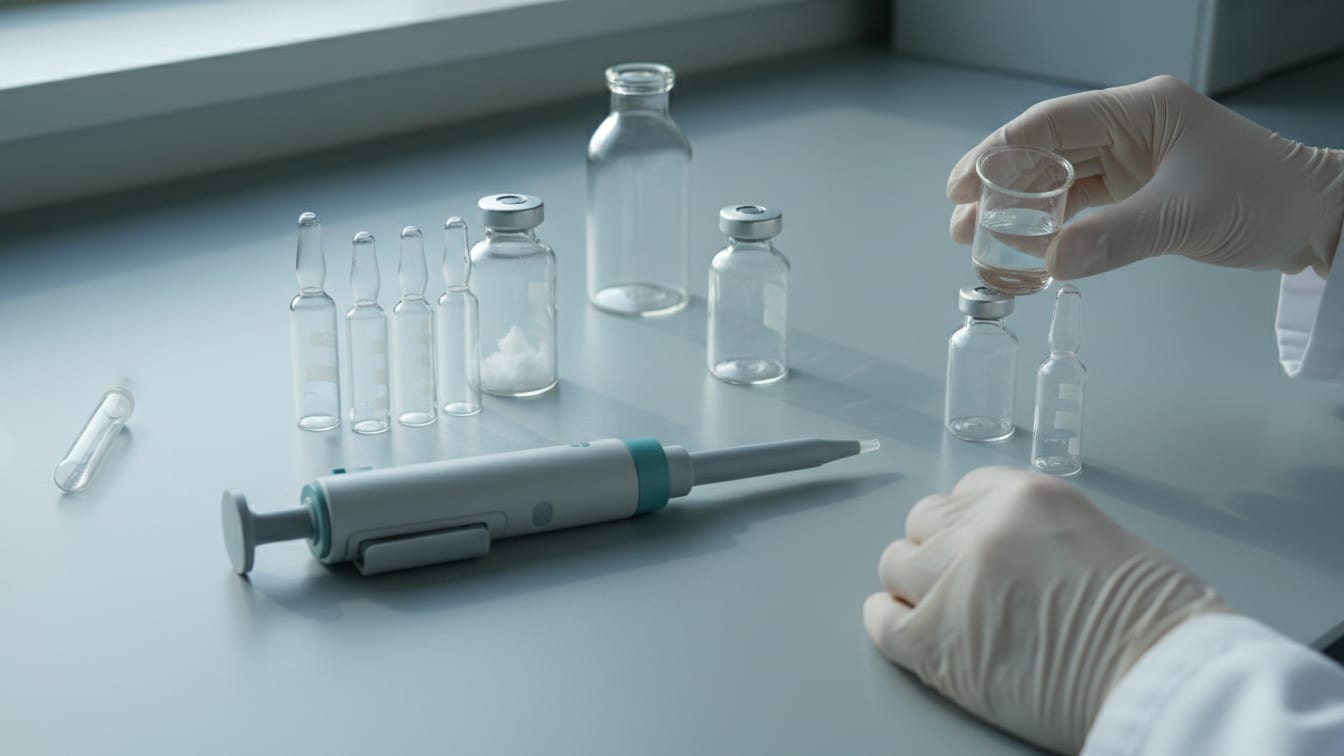Illustration: A partially disassembled pipette and clear glass vials with powder on a cool grey lab bench.