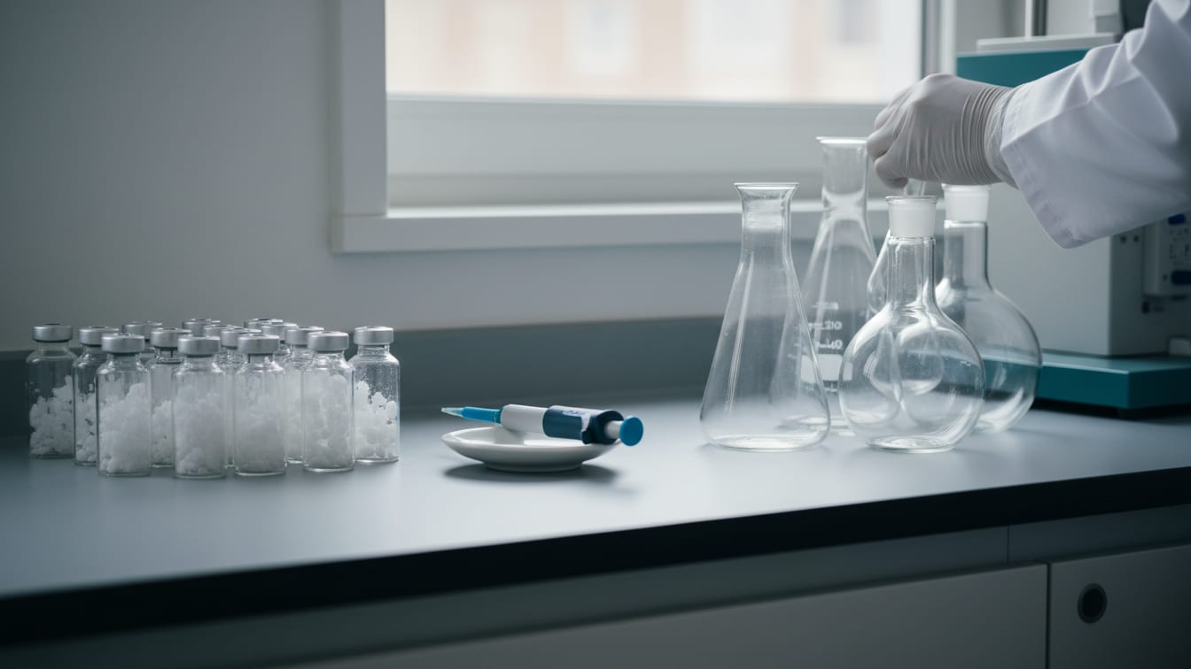 Illustration: Two distinct sets of laboratory glassware on a cool grey lab bench.