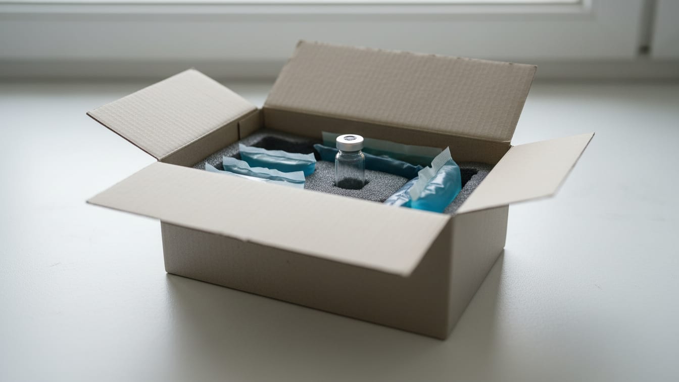 Illustration: An open insulated shipping box with cool blue gel packs and an empty glass vial on a grey foam insert.