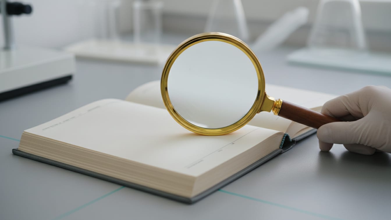 Illustration: An open blank register book and a magnifying glass on a grey desk.