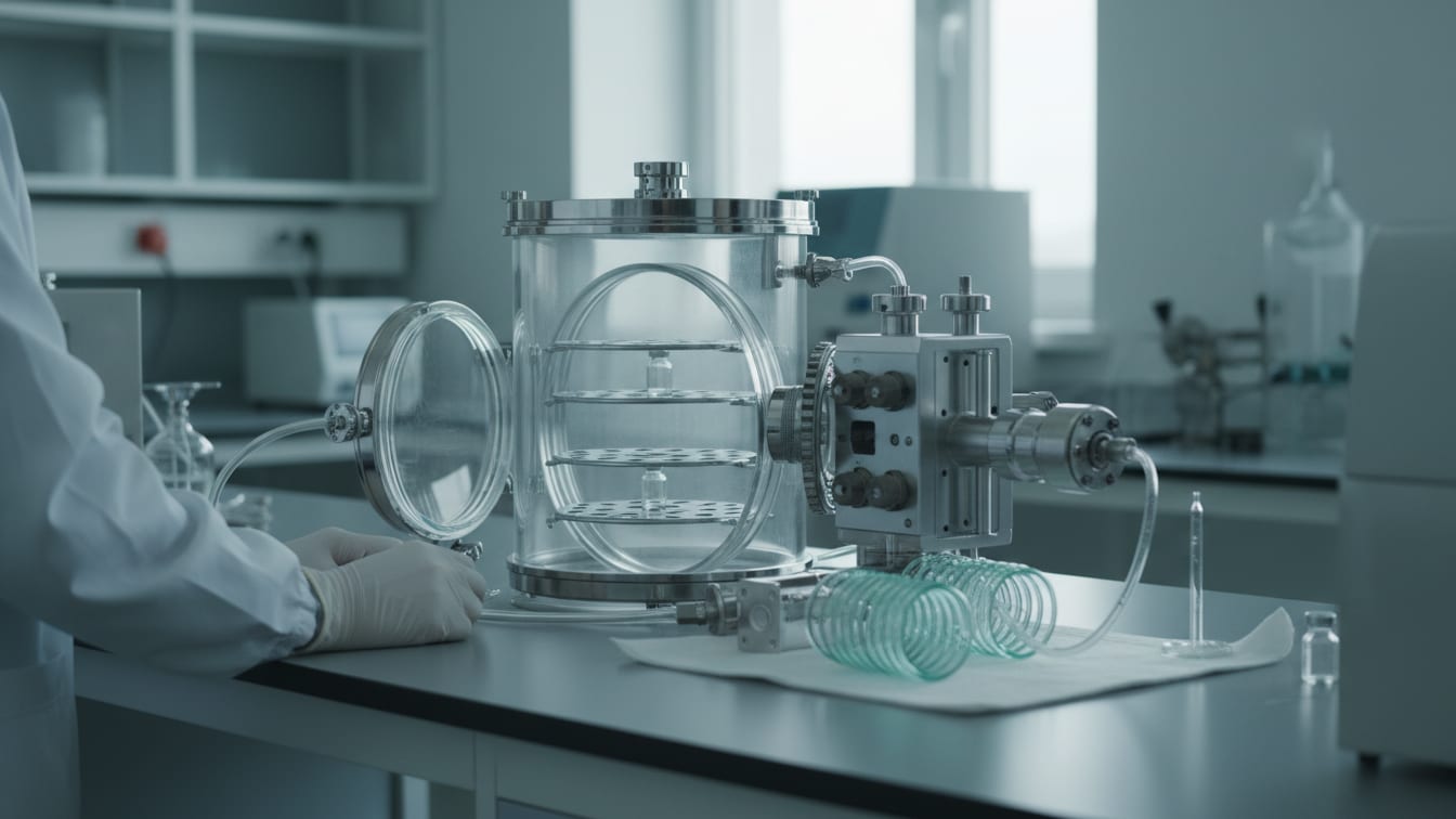Illustration: A partially disassembled lyophilizer chamber on a cool grey lab bench.