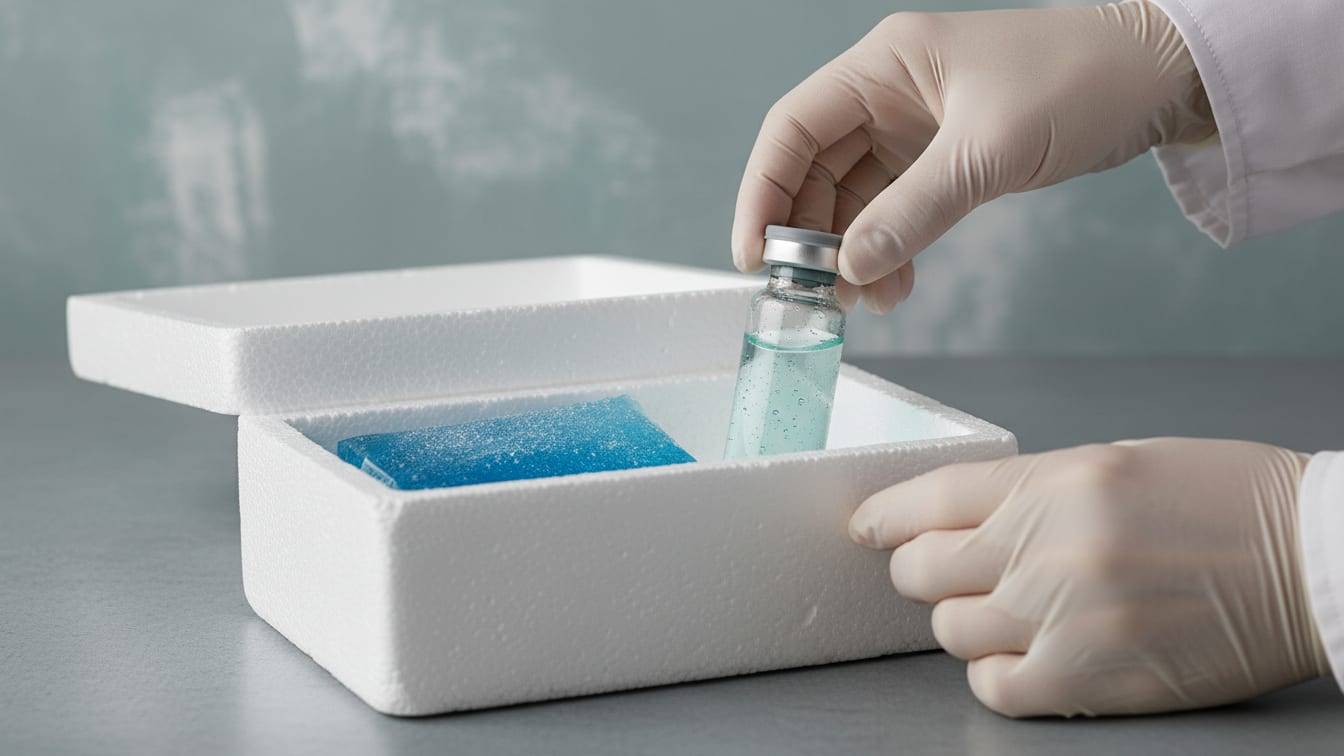 Illustration: An unbranded cold pack and a clear glass vial inside a partially open insulated shipping box on a cool grey surface.