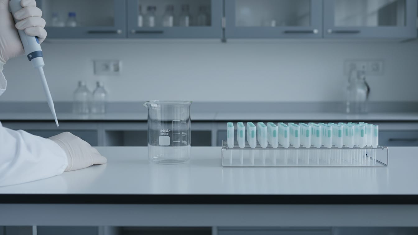 Illustration: An empty lab beaker and pipette tips on a white bench, suggesting meticulous research.