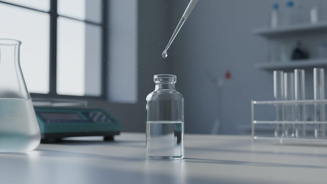 Illustration: A clear glass vial with a translucent liquid and a pipette tip on a cool grey lab bench.