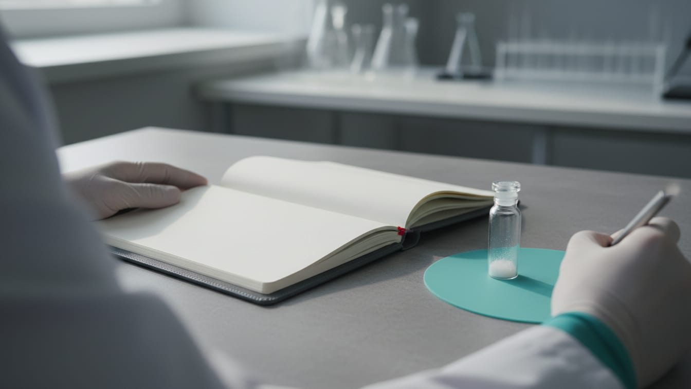 Illustration: A laboratory notebook and a clear glass vial with powder on a cool grey desk.
