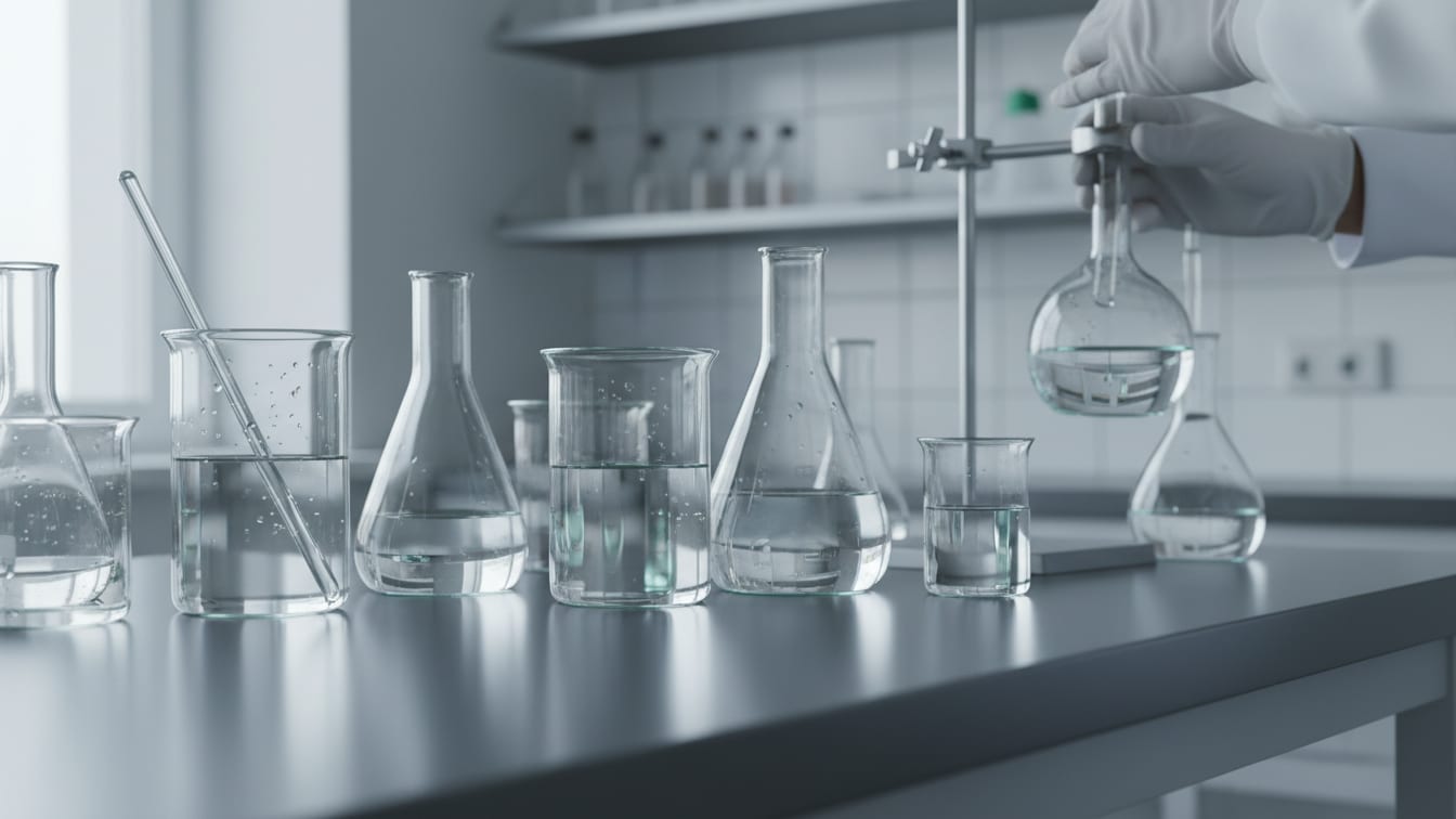 Illustration: Laboratory glassware on a cool grey lab bench, softly lit by natural light.