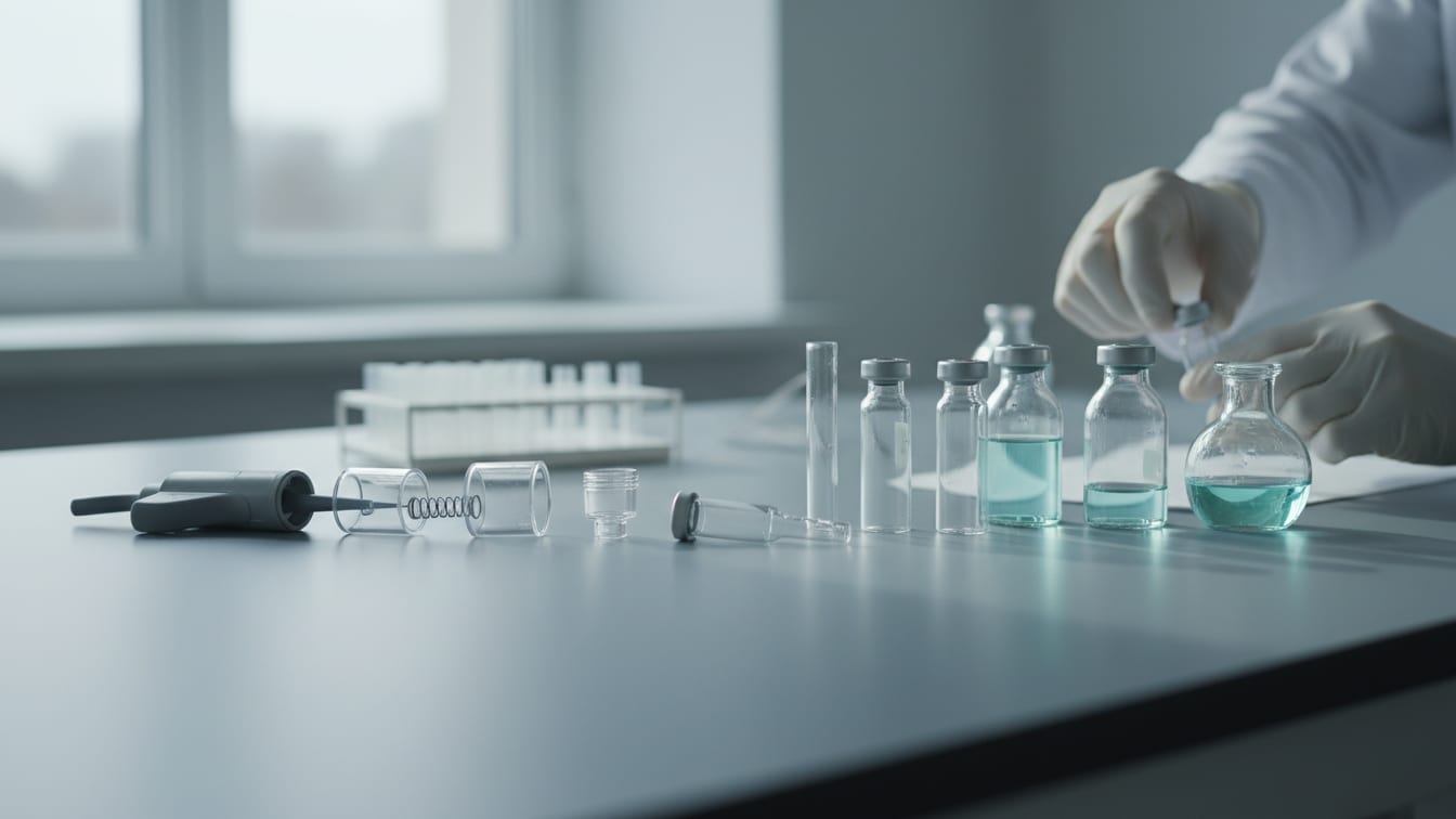 Illustration: A partially disassembled pipette and several clear glass vials on a cool grey lab bench.